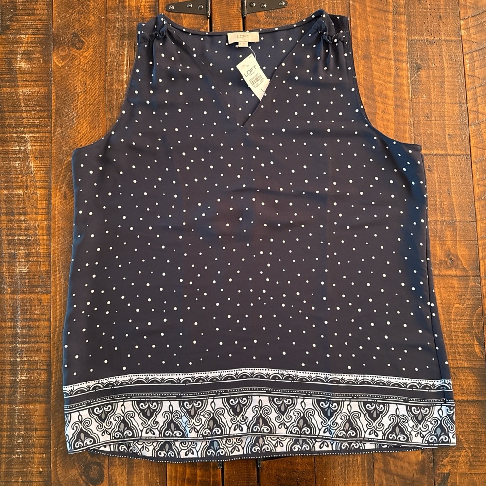 LOFT Outlet Navy Polka Dot Sleeveless Blouse NWT Women's Large V-Neck